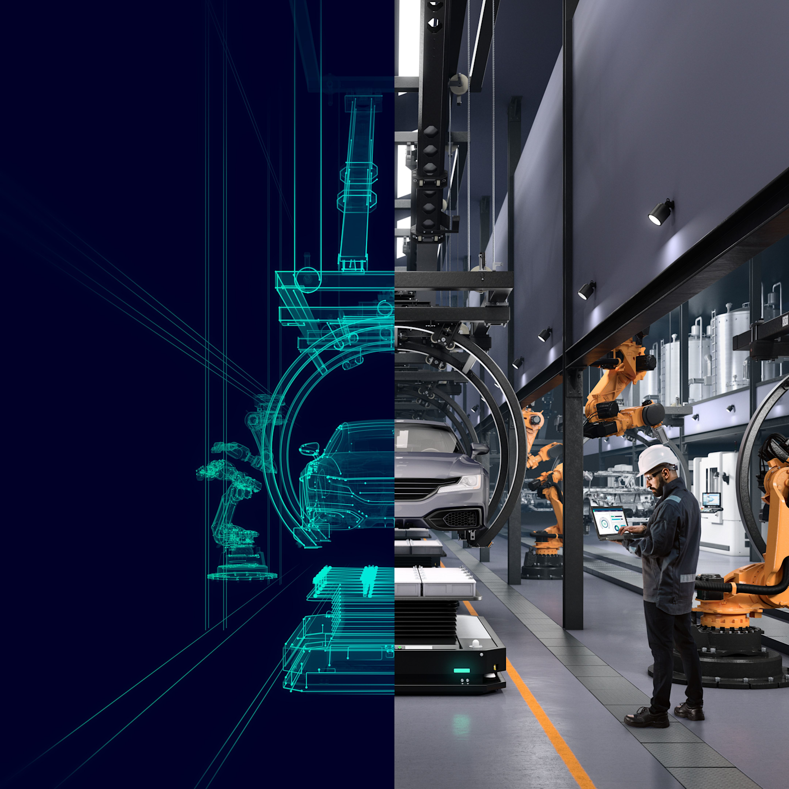 Digital twin technology illustrating the integration of virtual models with real-world industrial automation processes in a smart factory environment
