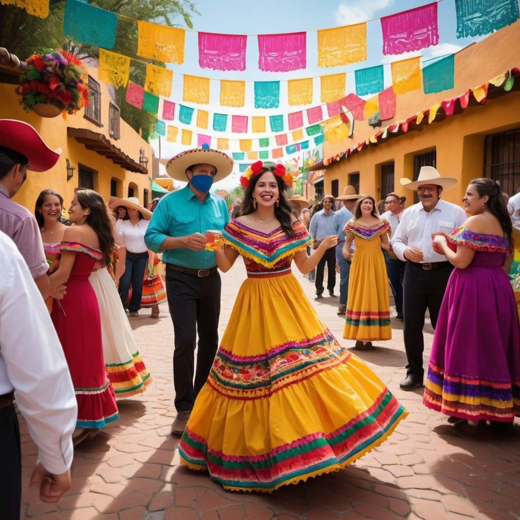 Traditional Spanish festival with people in colorful regional dresses dancing in a decorated street, illustrating cultural heritage and social cohesion