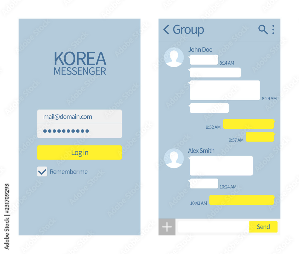 User interface of a Korean messaging app showing login screen and group chat conversation