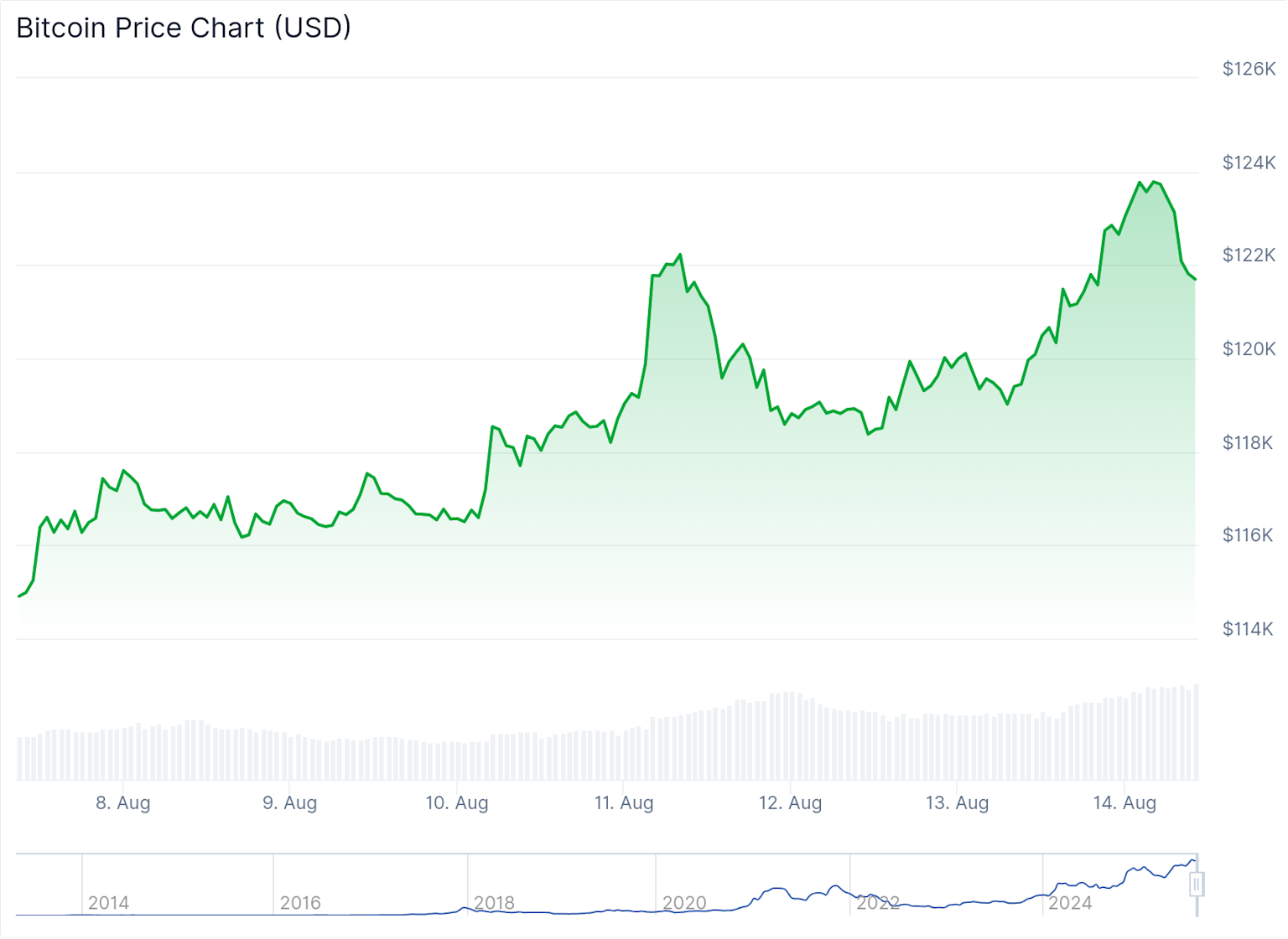 Bitcoin price chart showing the rise to an all-time high of $124,000 in August 2025 with daily fluctuations illustrated from August 8 to August 14