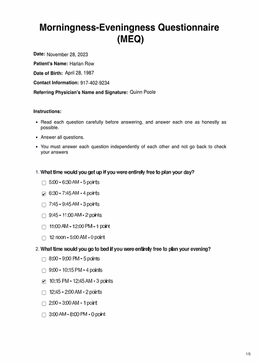 Example of Morningness-Eveningness Questionnaire for assessing chronotype and personalizing training schedules