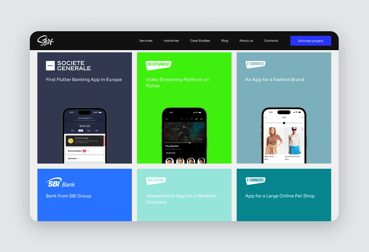 Modern app development company portfolio showcasing Flutter-based projects across multiple industries with clean, colorful UI