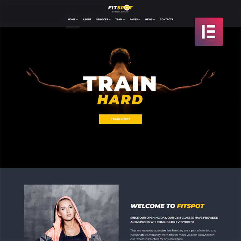 Homepage design of FITSPOT fitness studio website with motivating "Train hard" message and welcoming introduction
