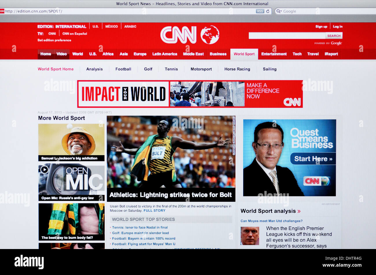 Screenshot of CNN International's World Sport section showing Usain Bolt news and various sports categories