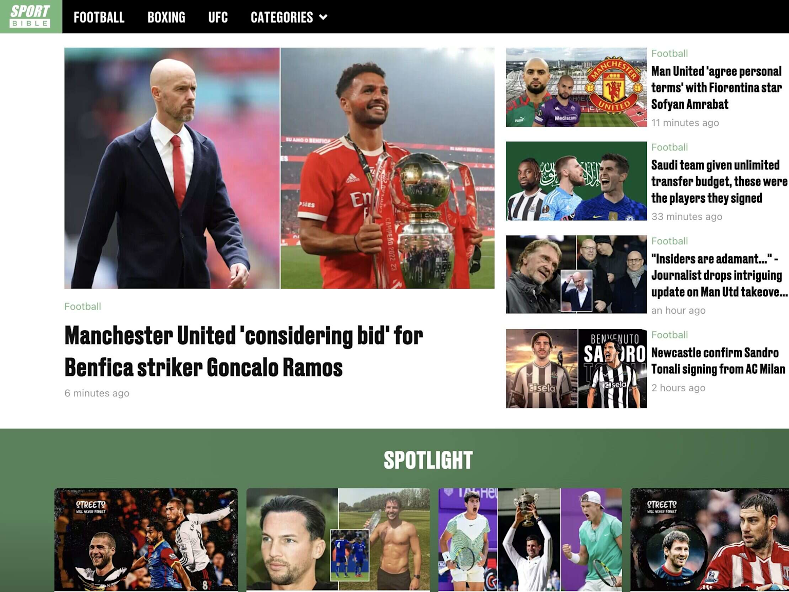 Screenshot of the SPORT BIBLE sports news website showing football news headlines and athlete images
