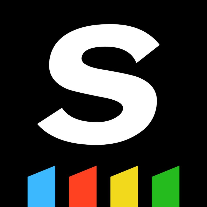 Logo featuring a bold white 'S' with four colored bars beneath, representing a sports media brand