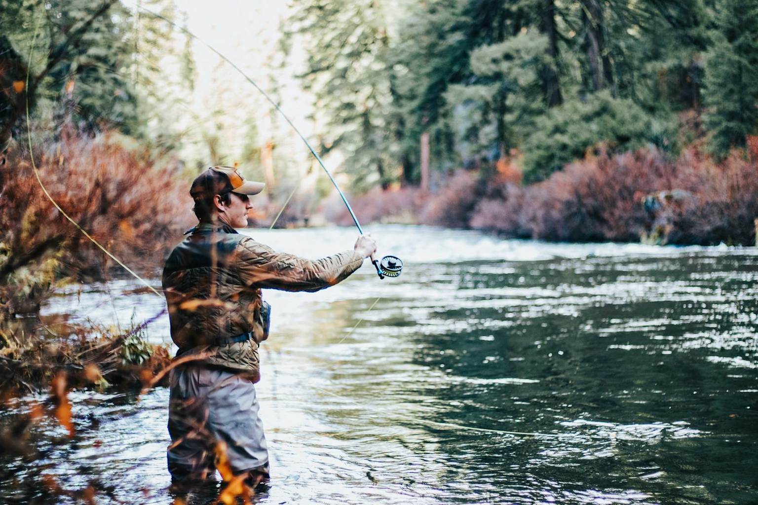 A man fly fishing in a tranquil forest river, capturing the essence of fishing and outdoor recreation
