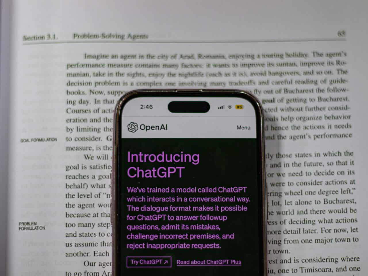 Smartphone screen displaying OpenAI's introduction to the ChatGPT conversational AI model, highlighting its interactive features