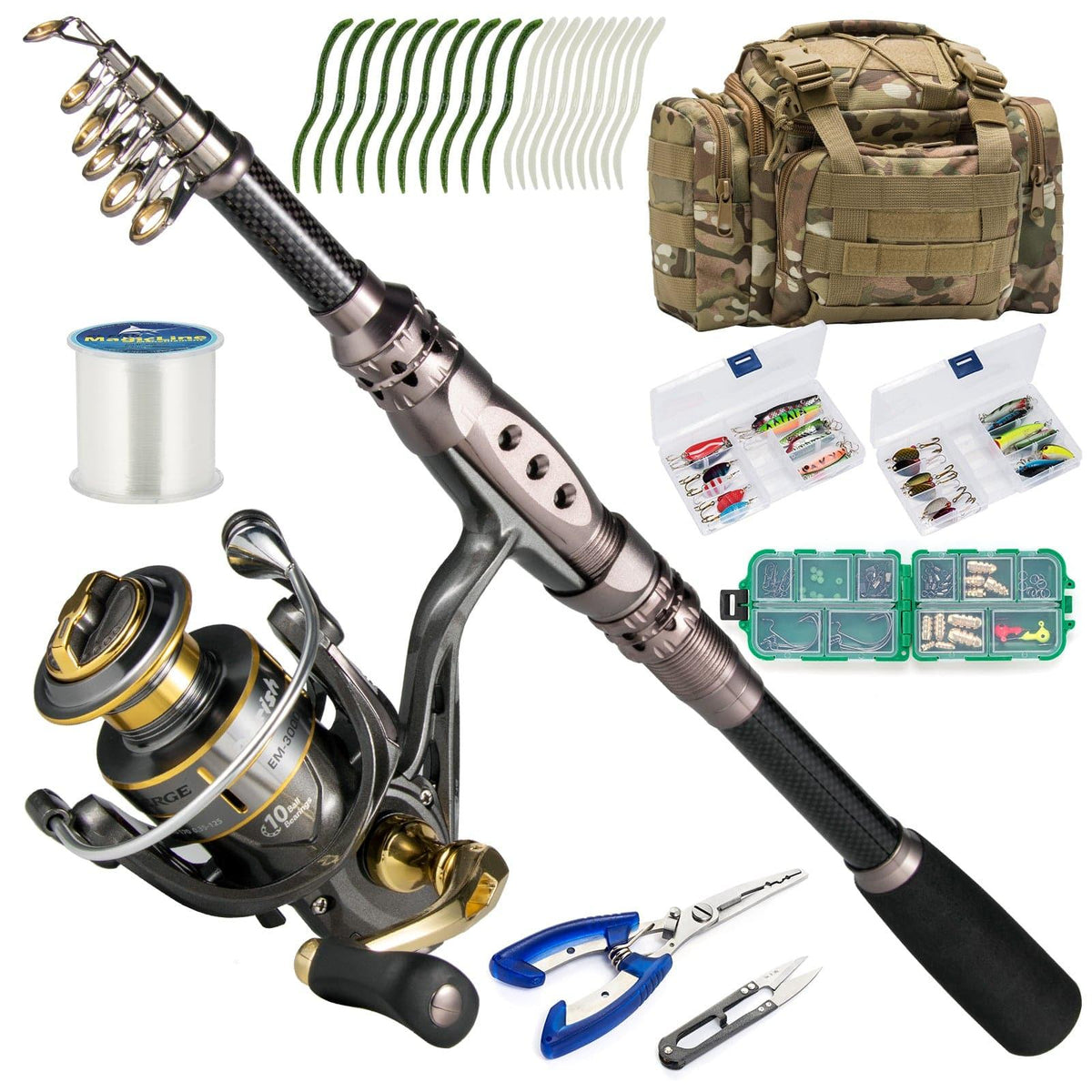 Complete Dr.Fish 125pcs fishing rod and reel combo set with tackle, line, and carrying bag
