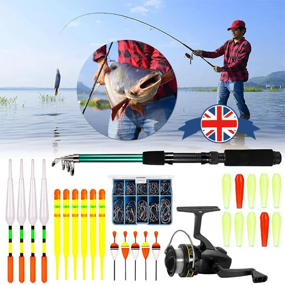 Fishing tackle set including rod, reel, hooks, floats, and soft baits with a person fishing near a lake