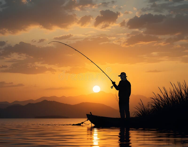 Silhouette of a person fishing on a lake at sunset with mountains in the background