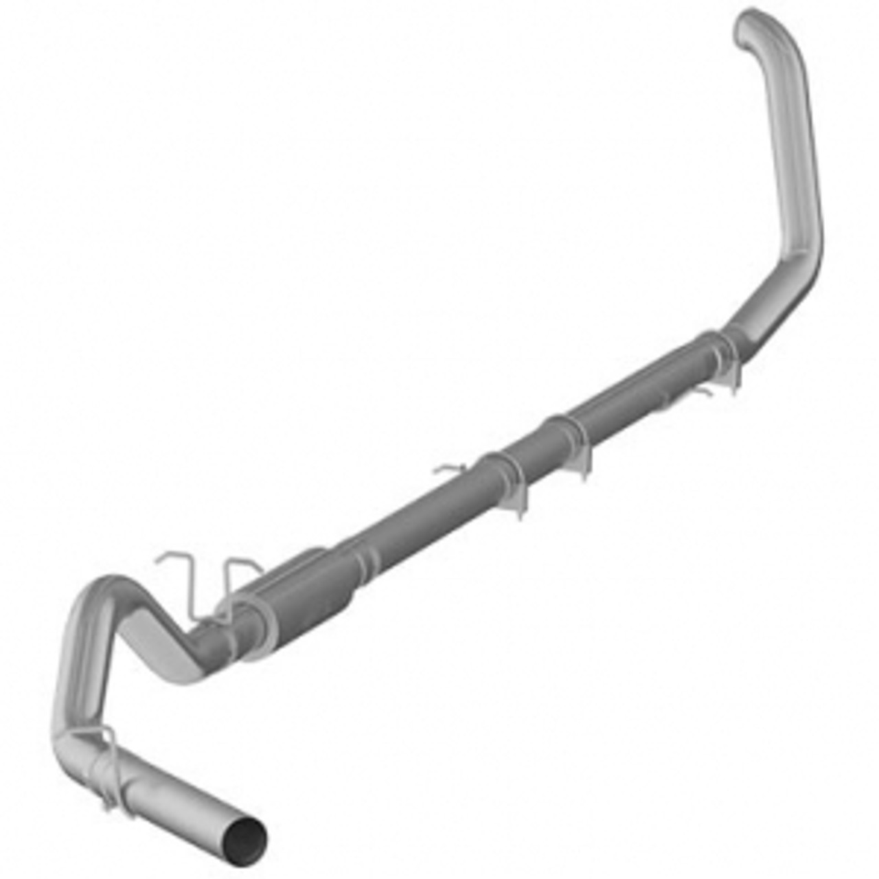 MBRP 4 inch Performance Series turbo-back exhaust system for diesel trucks showing the full pipe assembly with bends and mounting brackets