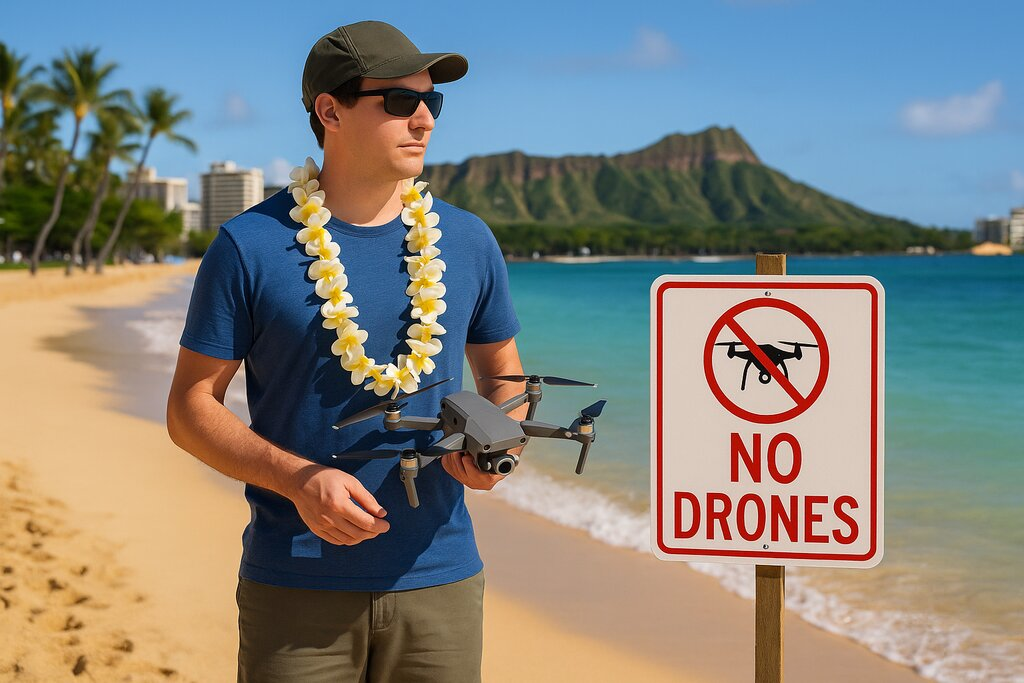 A man stands with a drone near a 'No drones' sign on a Hawaiian beach with Diamond Head in the background, highlighting drone restrictions in popular tourist areas