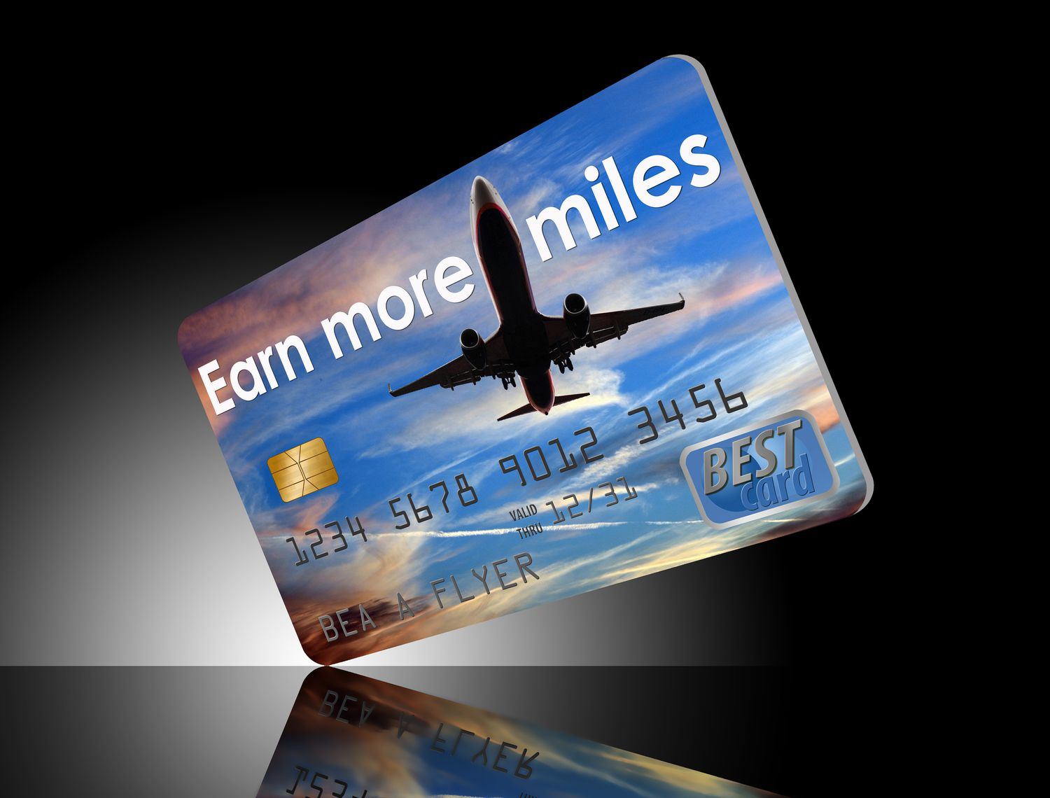 A travel rewards credit card featuring an airplane and the text 'Earn more miles', highlighting airline miles earning benefits