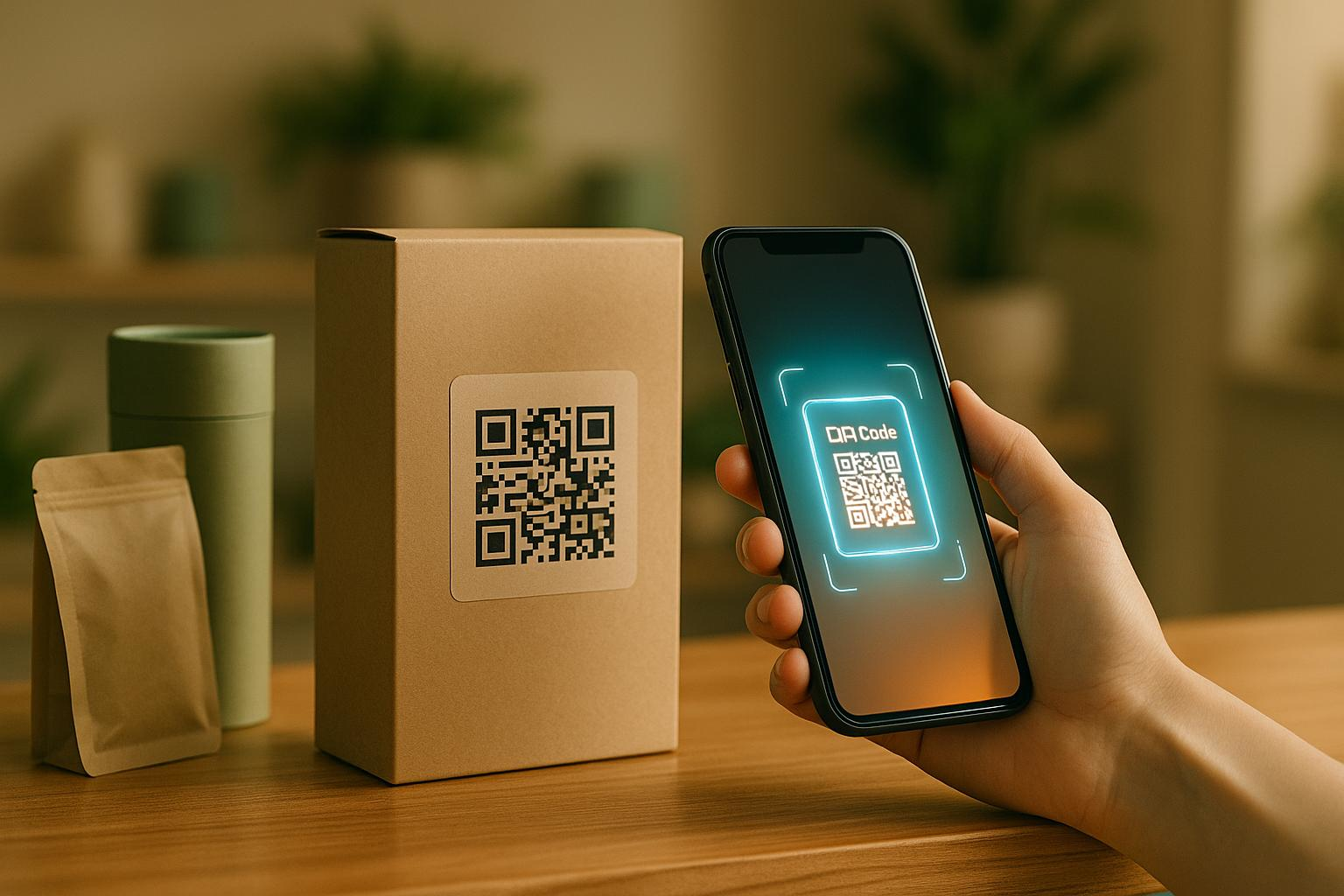 Product packaging with an interactive QR code being scanned by a smartphone, showcasing a 2025 design trend.