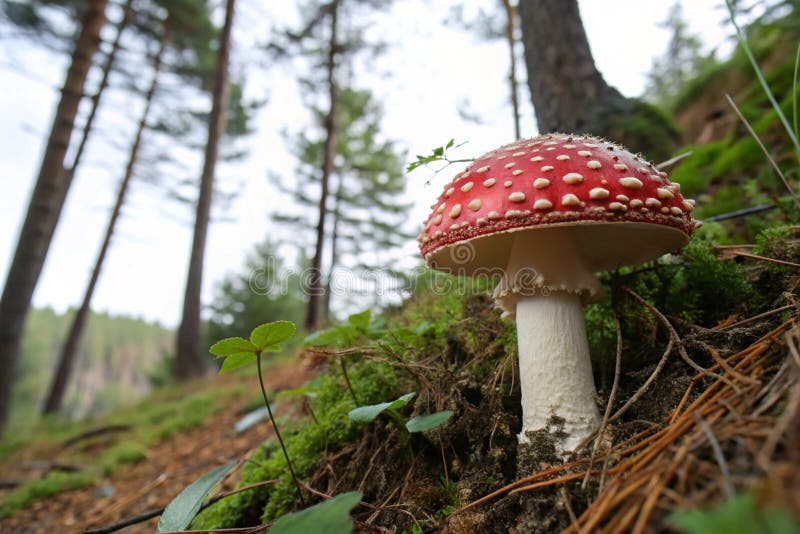 Close-up of a red Amanita muscaria mushroom with white spots in its natural forest habitat