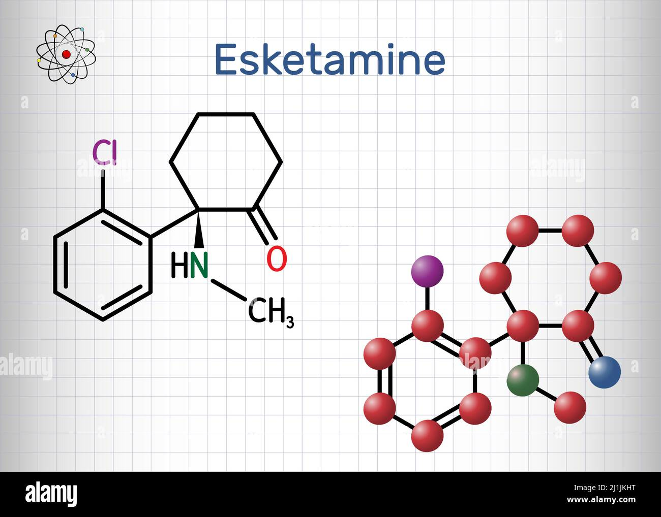 Chemical structure and 3D molecular model of Esketamine, illustrating its atomic composition and arrangement