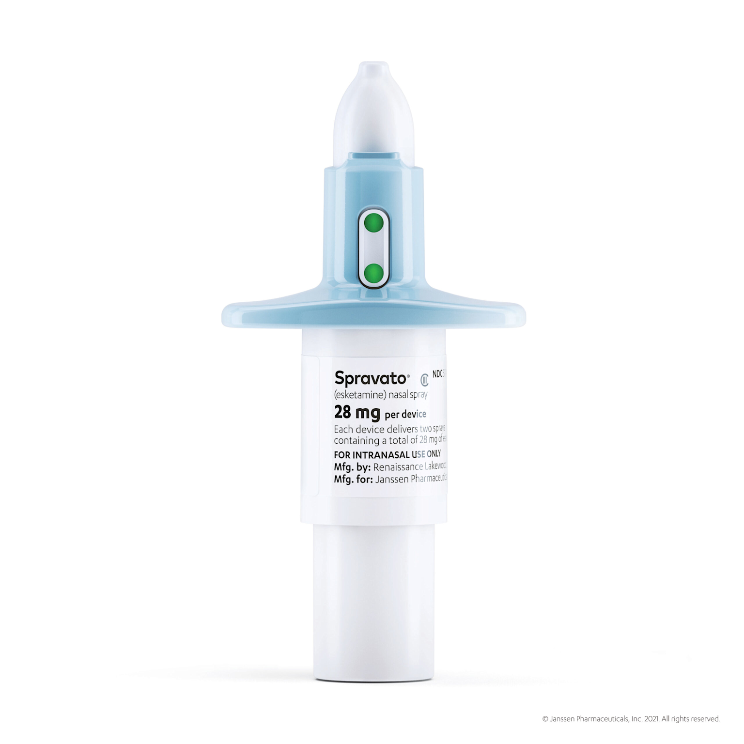 Spravato nasal spray device containing 28 mg esketamine for intranasal administration in depression treatment