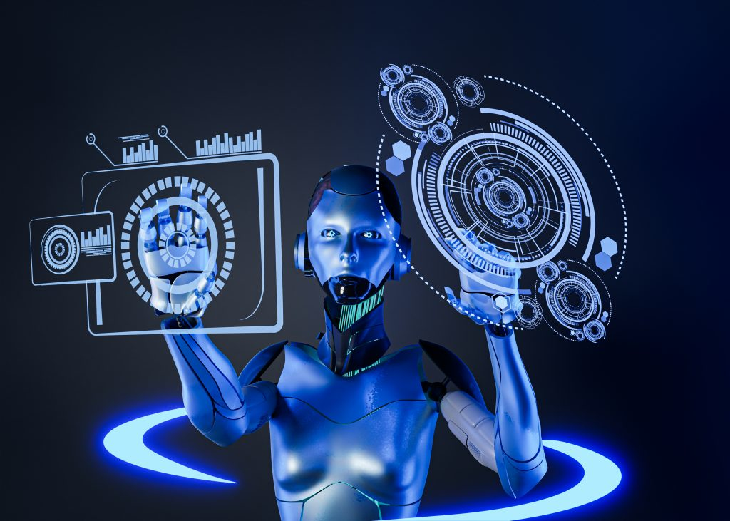 A futuristic robot interacting with holographic interfaces representing advanced data analysis, symbolizing machine learning applied to astrology