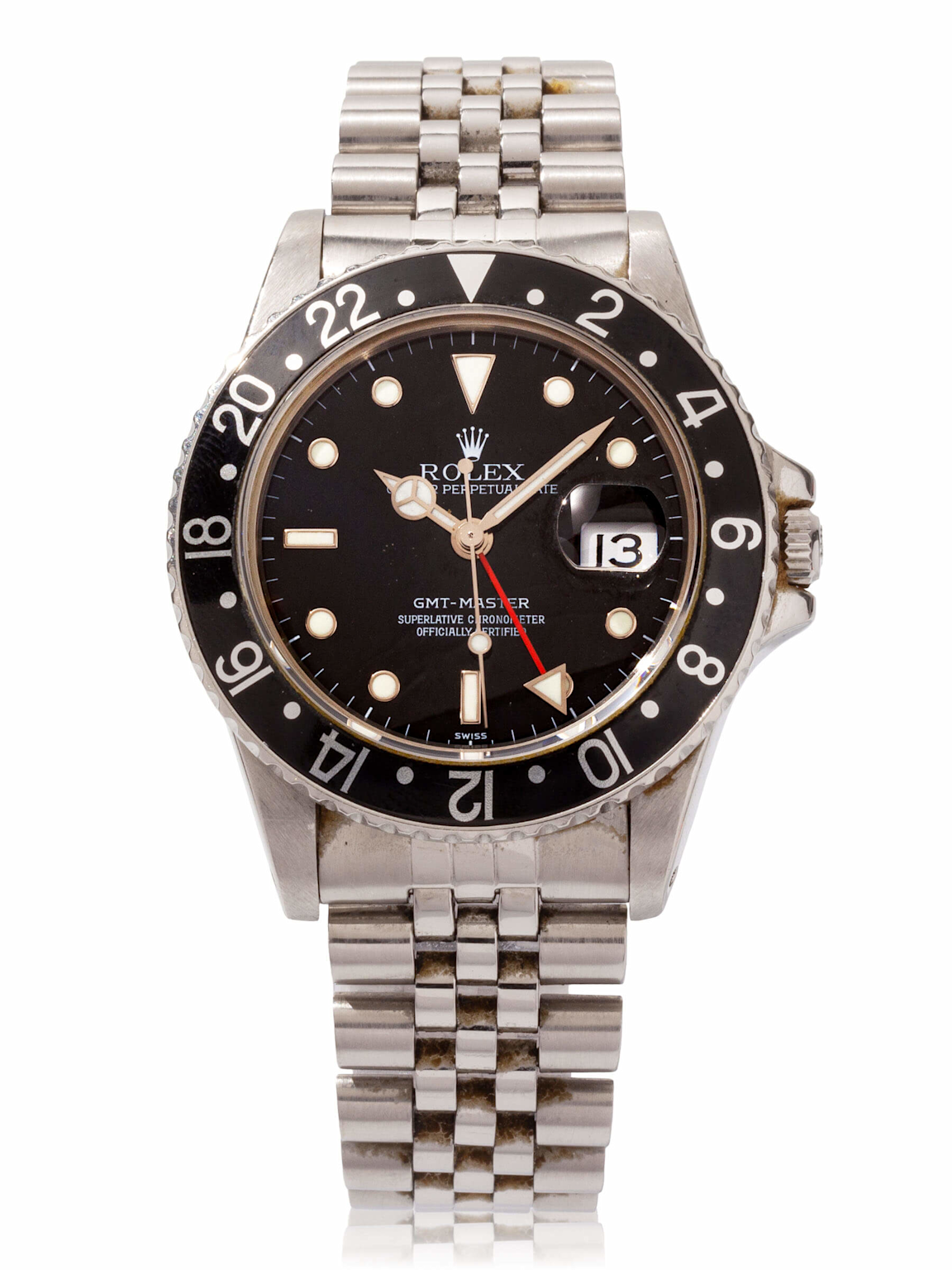 Vintage Rolex GMT-Master wristwatch showcasing its classic black dial, 24-hour bezel, and stainless steel Jubilee bracelet