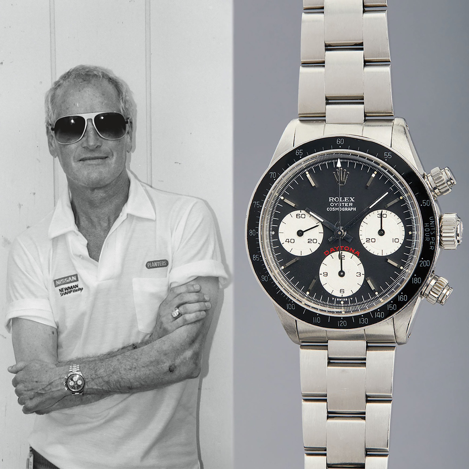 Vintage Rolex Paul Newman Daytona with its iconic dial, showcased alongside a photograph of its famous wearer, exemplifying a collectible investment timepiece