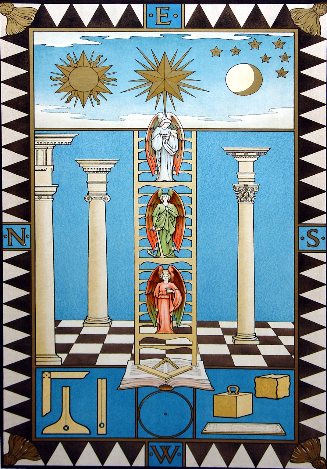 Illustration of Freemasonry symbols including the sun, stars, angels, columns, and ritual tools on a checkered floor.