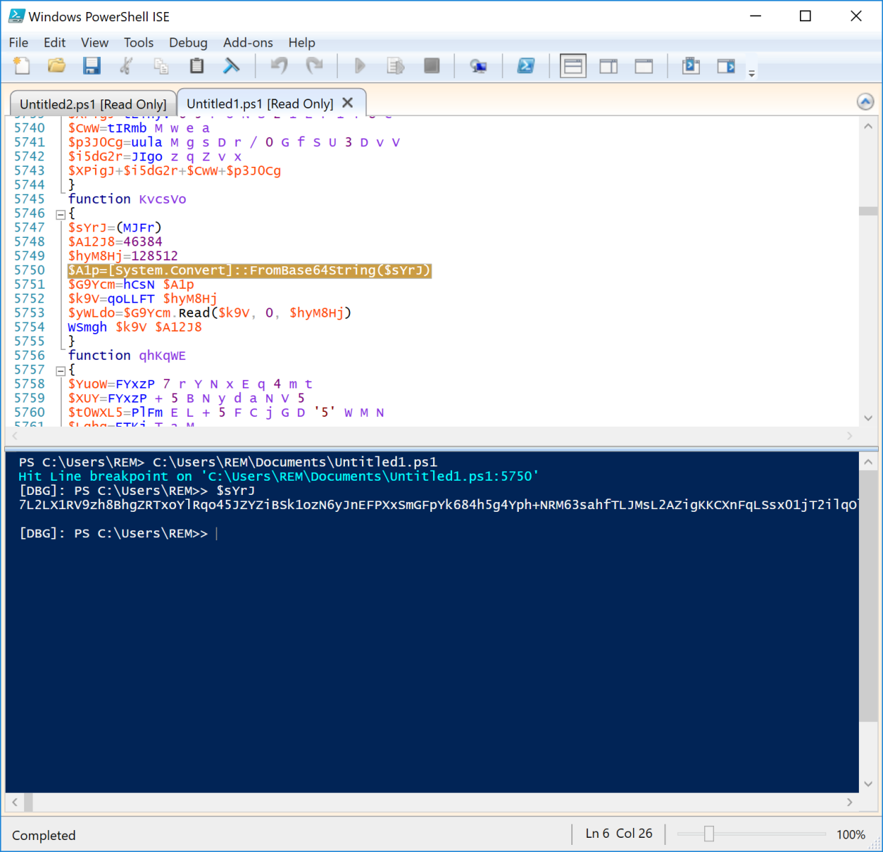 PowerShell ISE showing an obfuscated script using base64 encoding and custom functions to hide commands, illustrating living-off-the-land techniques with PowerShell