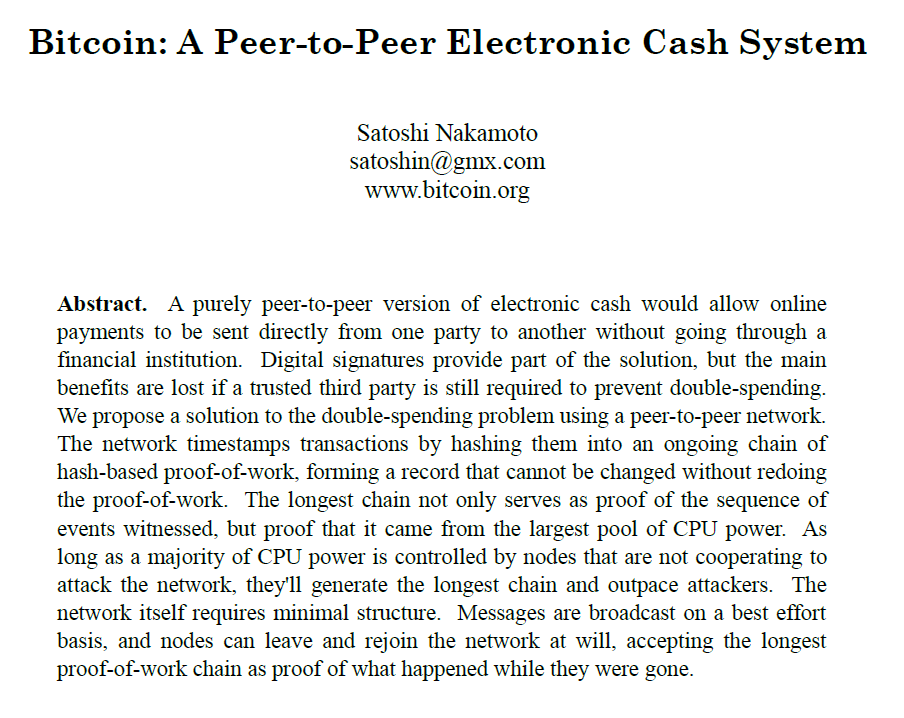 The first page of Satoshi Nakamoto's original Bitcoin white paper outlining the peer-to-peer electronic cash system.