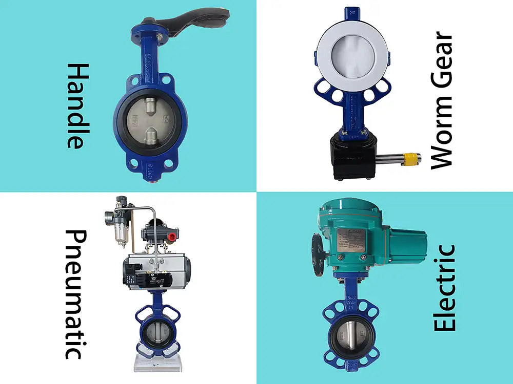 Four types of butterfly valve actuators: manual handle, worm gear, pneumatic, and electric