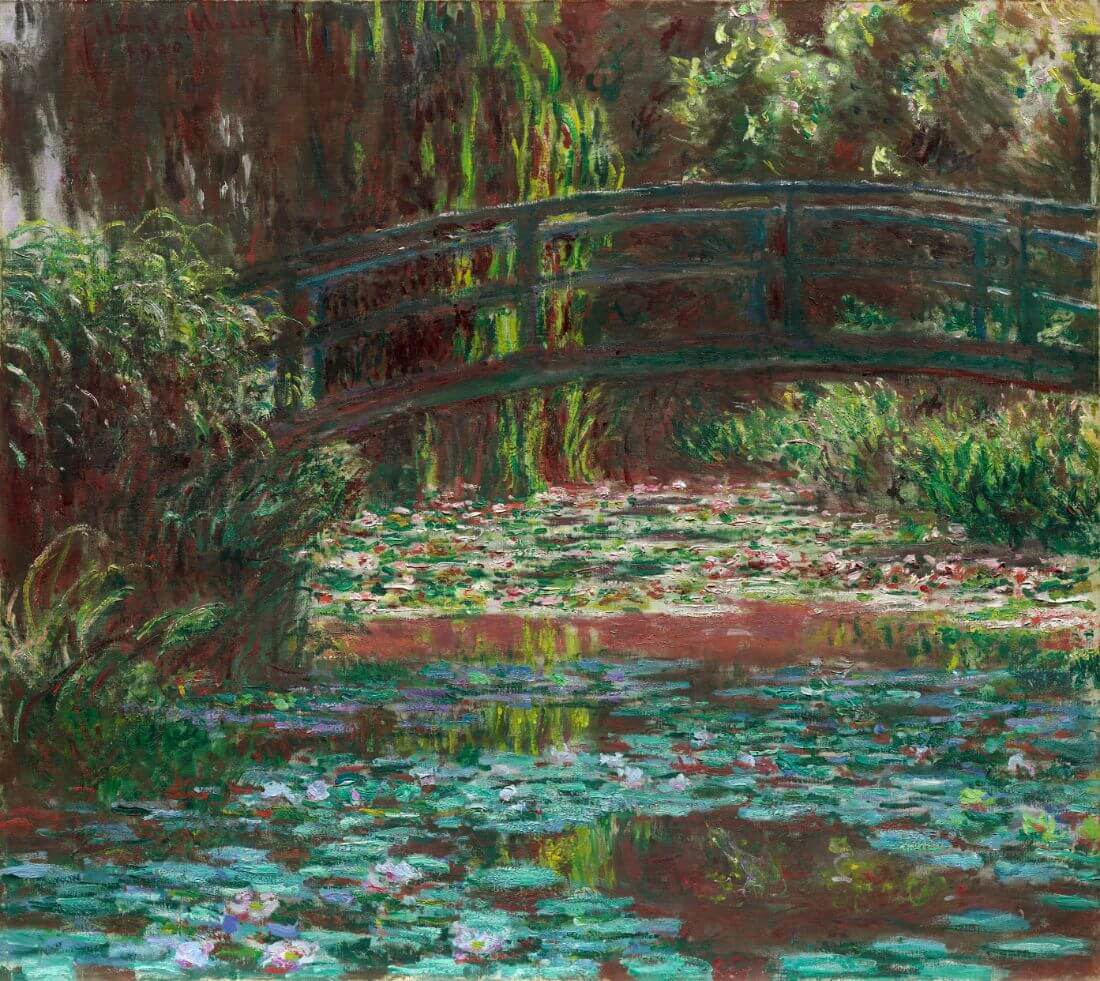 "Water Lily Pond" by Claude Monet, showcasing his nature-inspired Impressionist style with a lush garden and reflective water lilies
