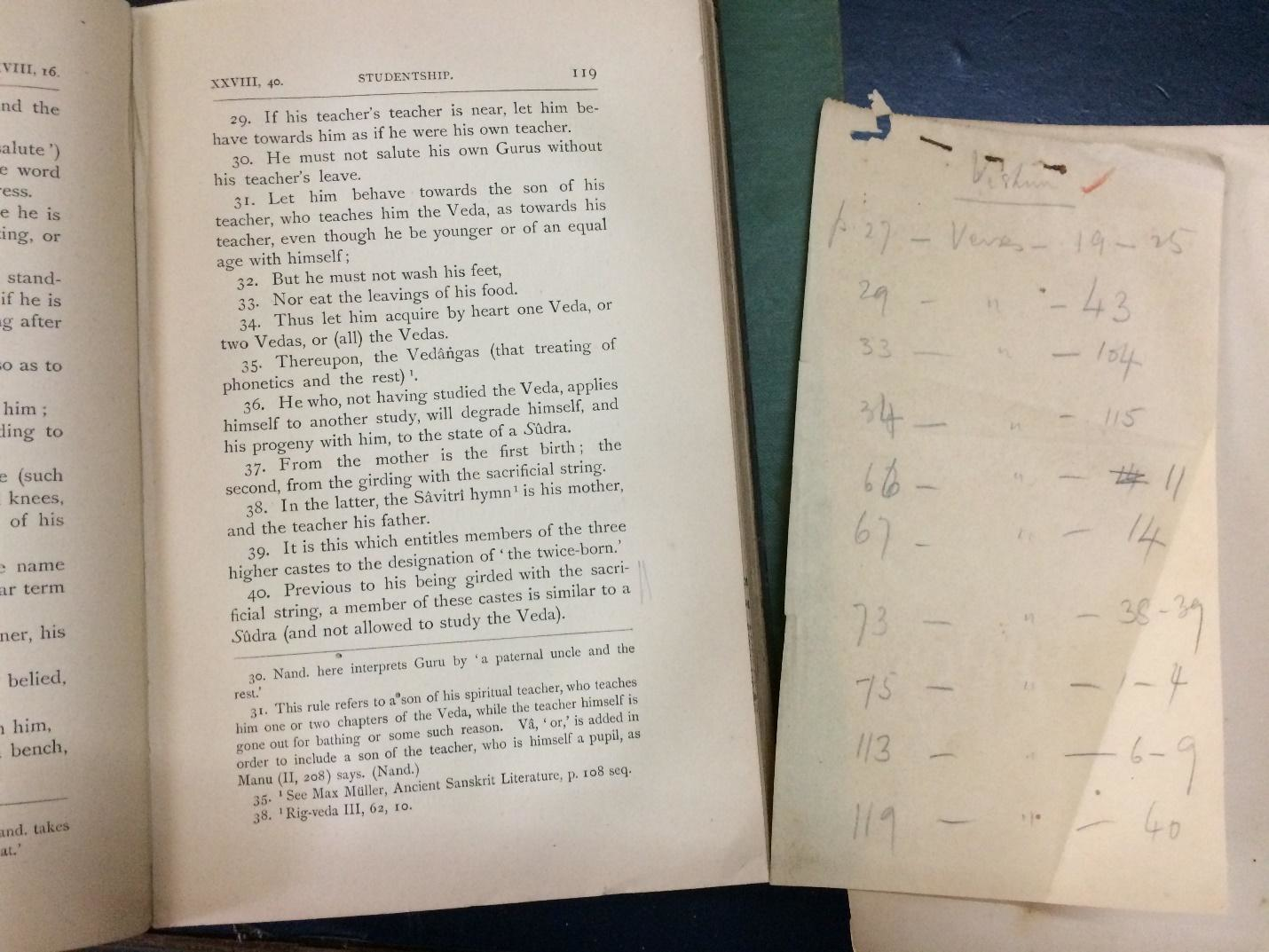 Open page from an old book on studentship and a handwritten note with page references possibly related to reading or annotations