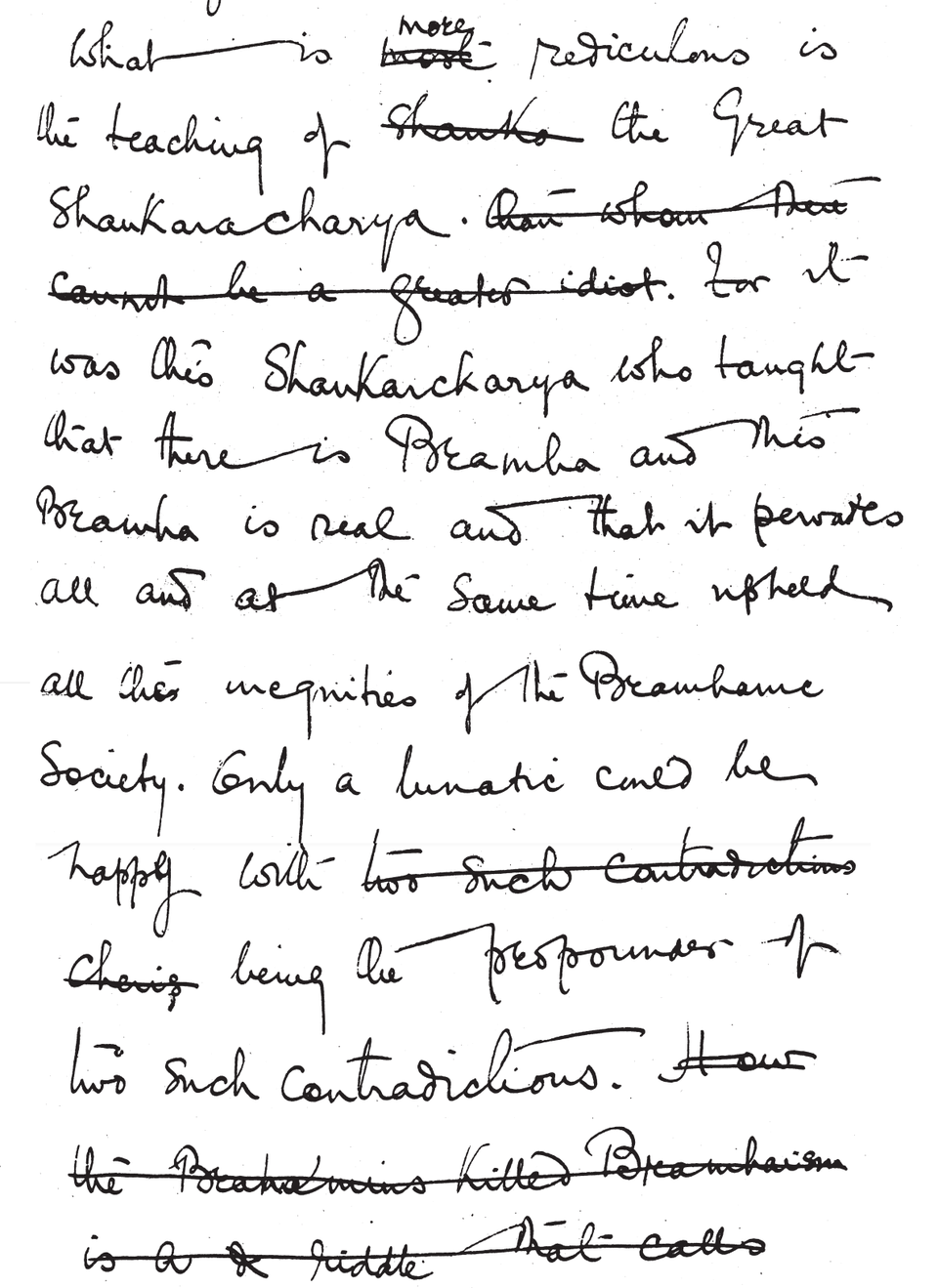 Handwritten note by B.R. Ambedkar on Shankaracharya's teachings and Brahman, illustrating Ambedkar's deep engagement with Hindu philosophy and his critical thinking process