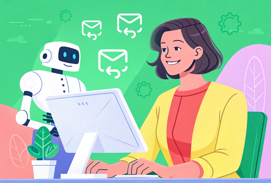 Illustration of a woman using AI assistance to manage emails on her computer