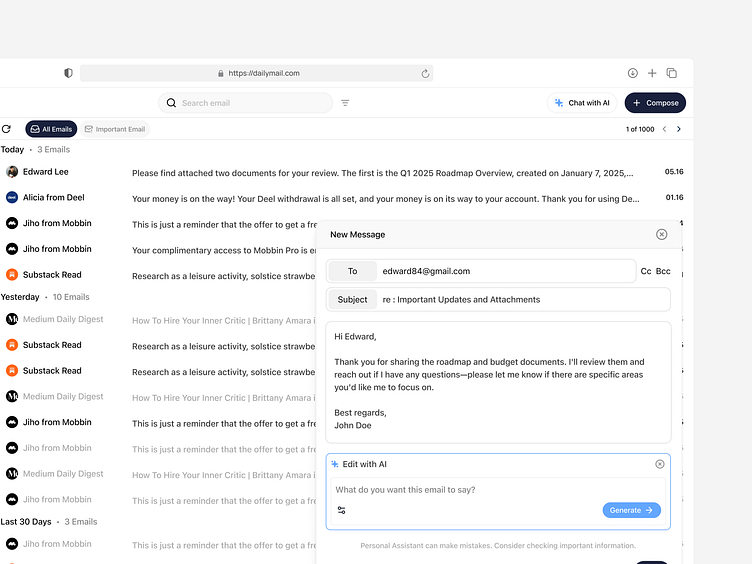 AI-powered email assistant dashboard showing an inbox and an AI-generated email composition interface