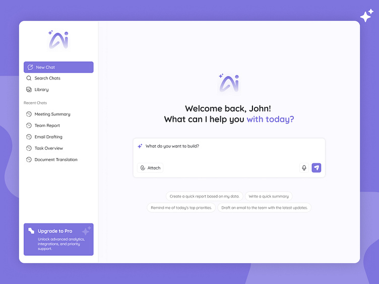 AI assistant dashboard UI showcasing email drafting and task automation features with a user-friendly interface