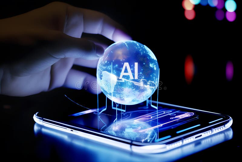 A hand interacts with a holographic digital sphere labeled 'AI' above a smartphone, symbolizing artificial intelligence technology