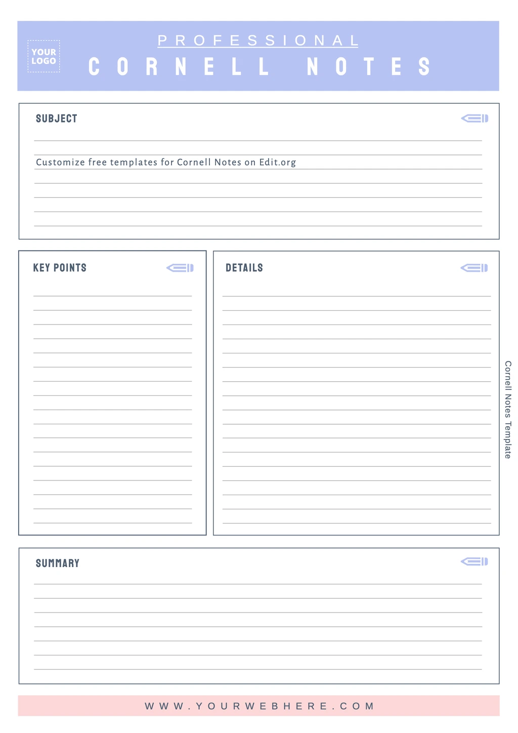 A professional Cornell Notes template featuring sections for subject, key points, details, and summary, illustrating the note-taking structure.