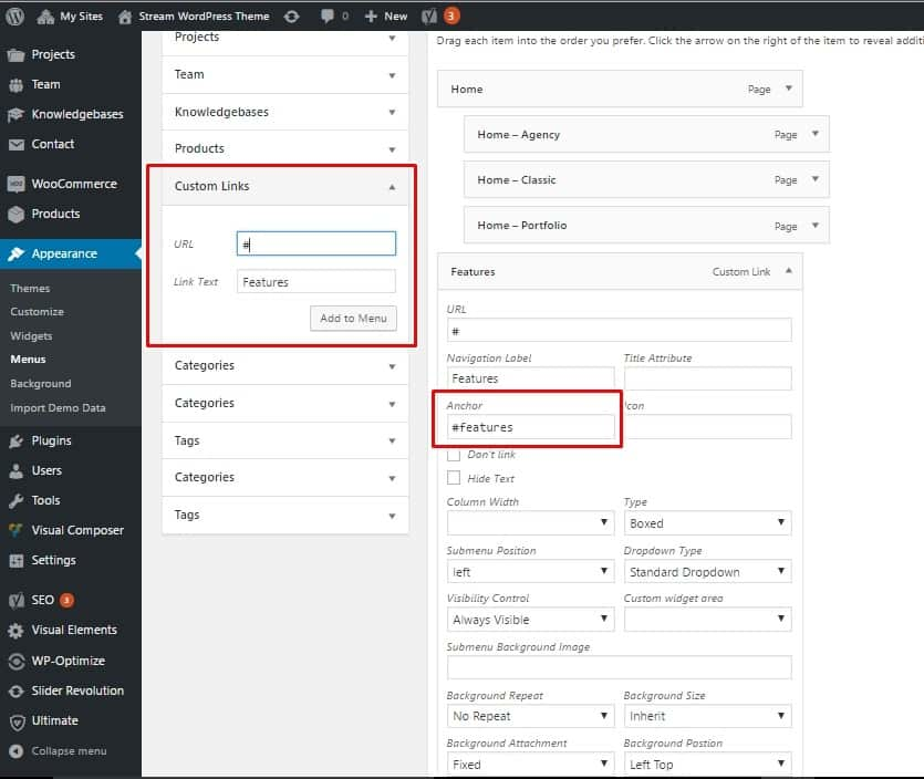 Setting a custom anchor link in WordPress menu to enable smooth single-page website navigation.