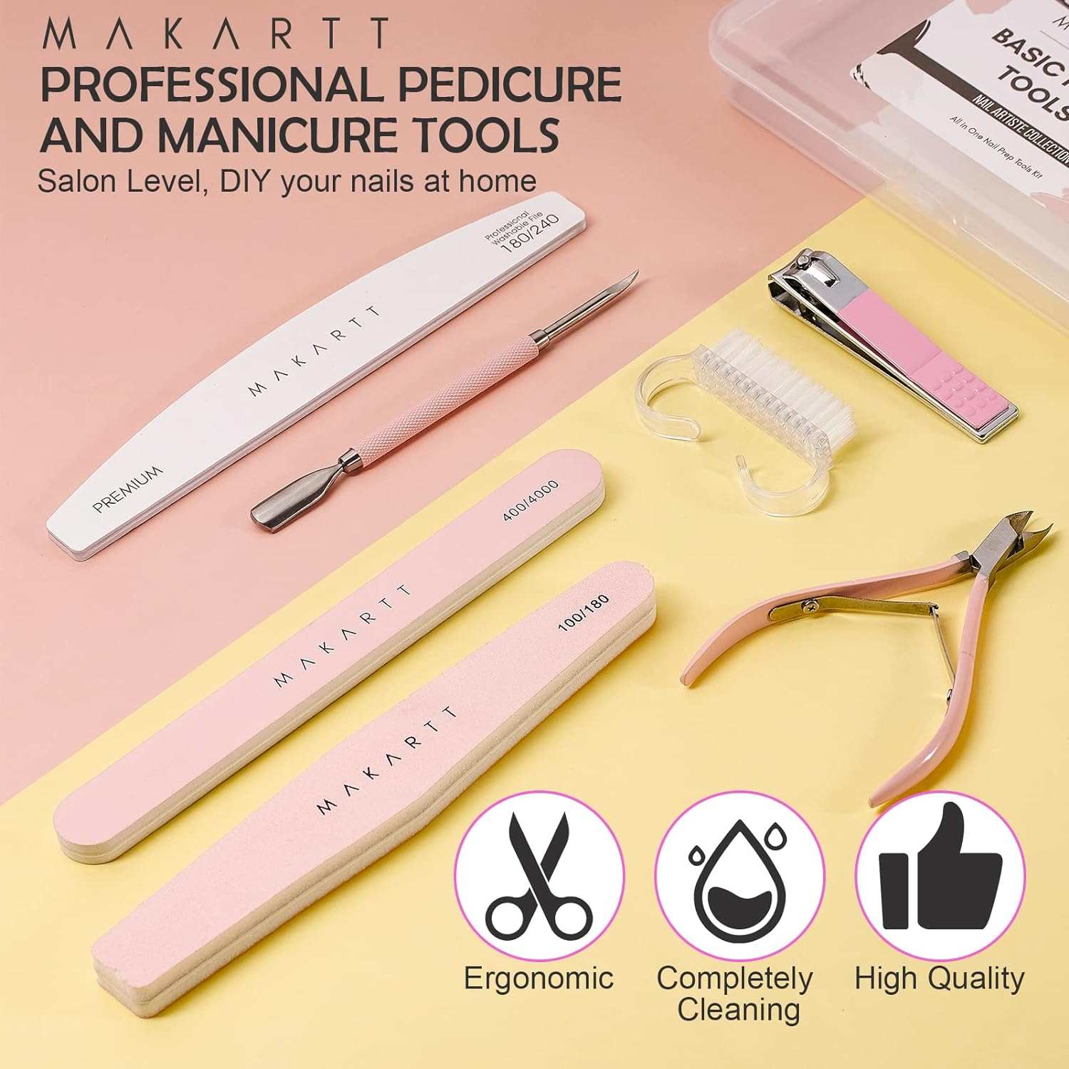 Professional manicure and pedicure tools set including nail files, cuticle pusher, nail clipper, brush, and cuticle nipper