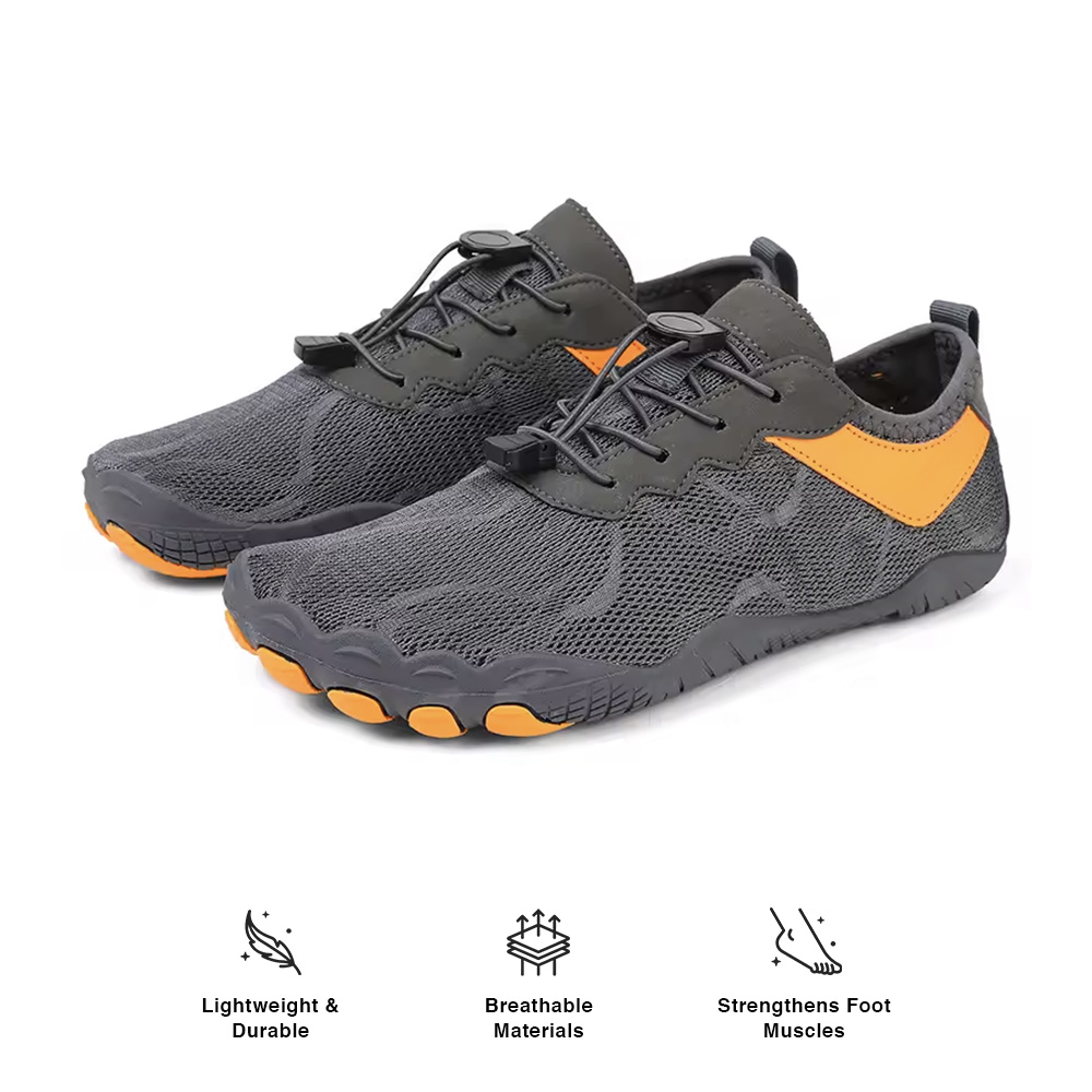 Gray breathable barefoot shoes with a flexible sole designed for natural foot movement and muscle strengthening
