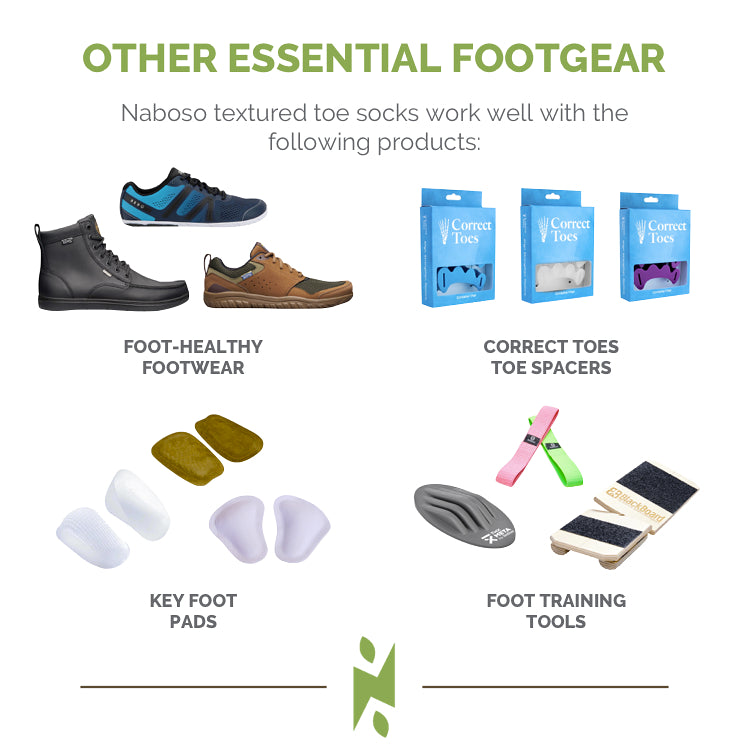 Essential footgear products that complement Naboso textured toe socks for foot health and training