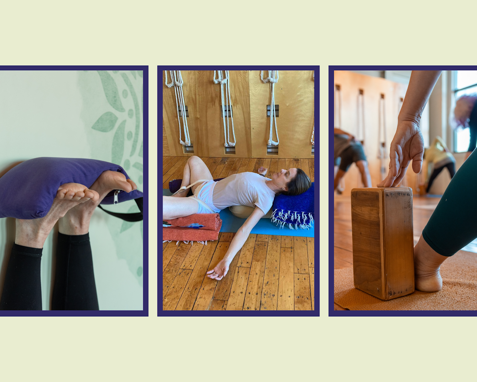 Realistic photos of Iyengar yoga props like blocks, bolsters, and straps used by students in practice