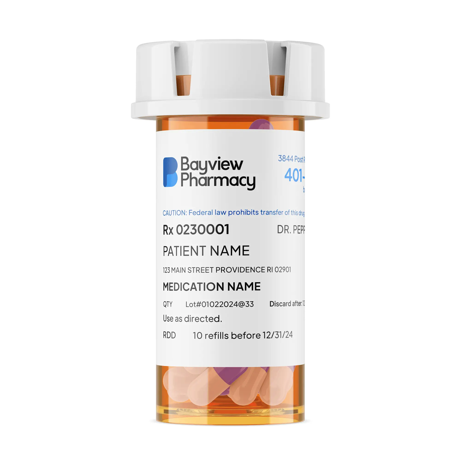 Prescription pill vial from Bayview Pharmacy containing capsules, illustrating typical pharmaceutical packaging for hormone therapy medications