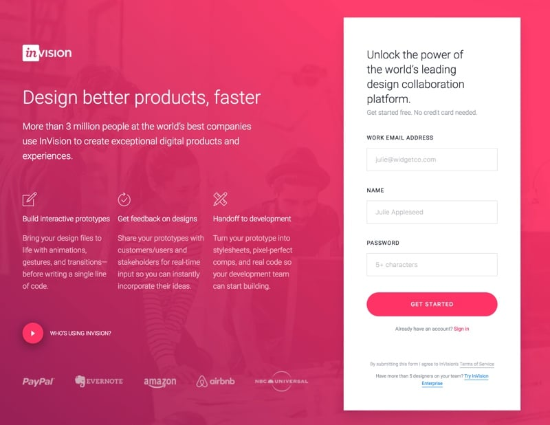 InVision landing page demonstrating clear value proposition and easy sign-up within 5 seconds.