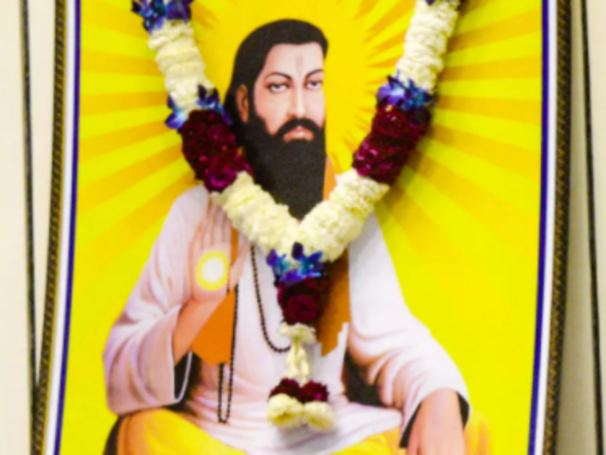 Illustration of Sant Ravidas adorned with a flower garland symbolizing reverence and devotion during Ravidas Jayanti