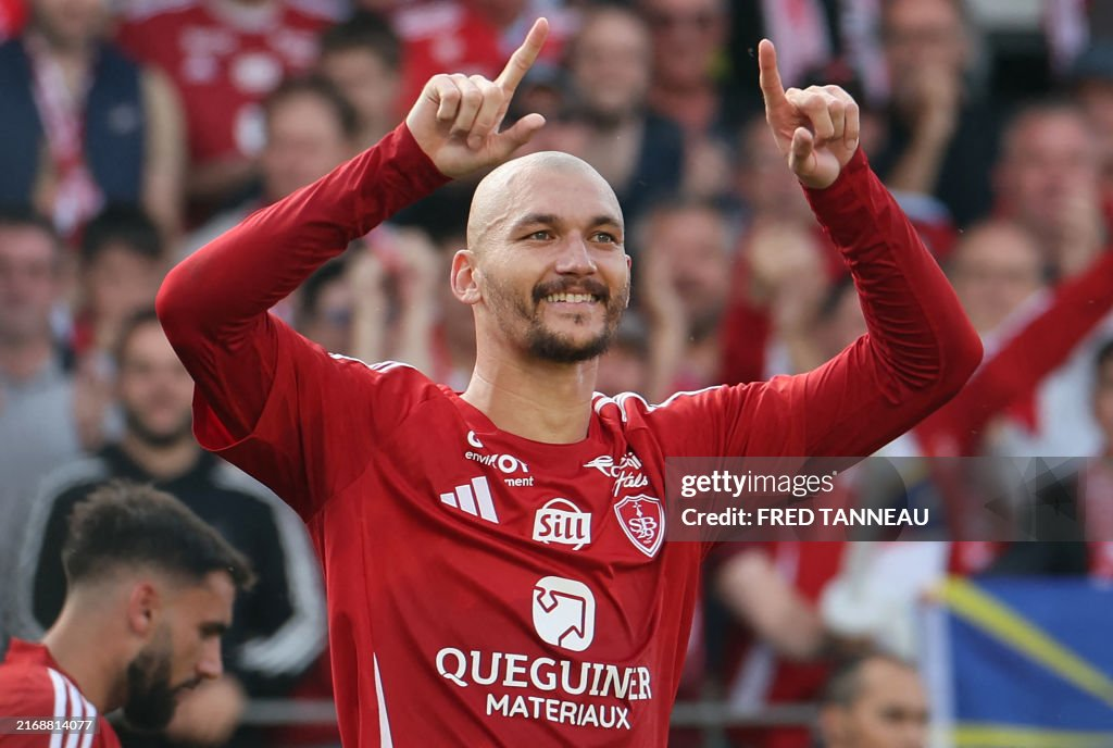 Ludovic Ajorque of Brest celebrating a goal in a Ligue 1 match