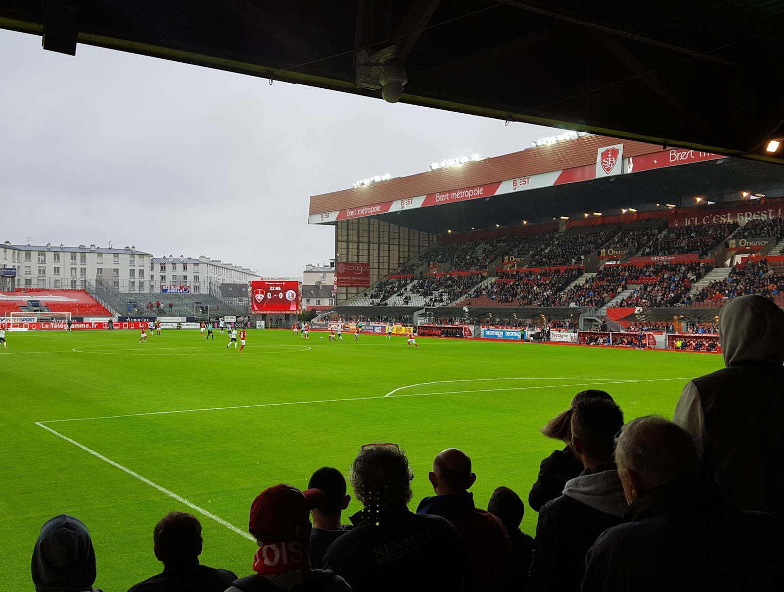 Match in progress with fans watching at Stade Francis-Le Blé, home of Stade Brestois in Brittany