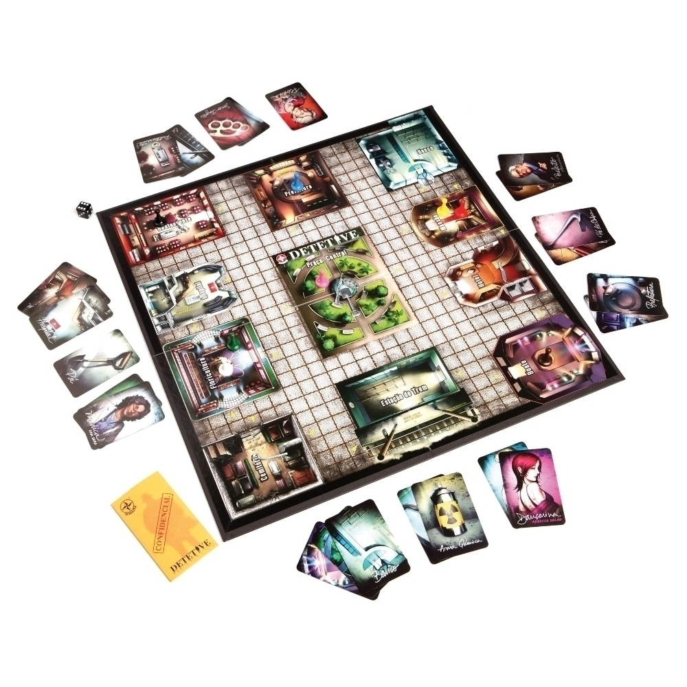 Brazilian detective board game 'Detetive' featuring a detailed board, cards, and playing pieces for mystery-solving gameplay