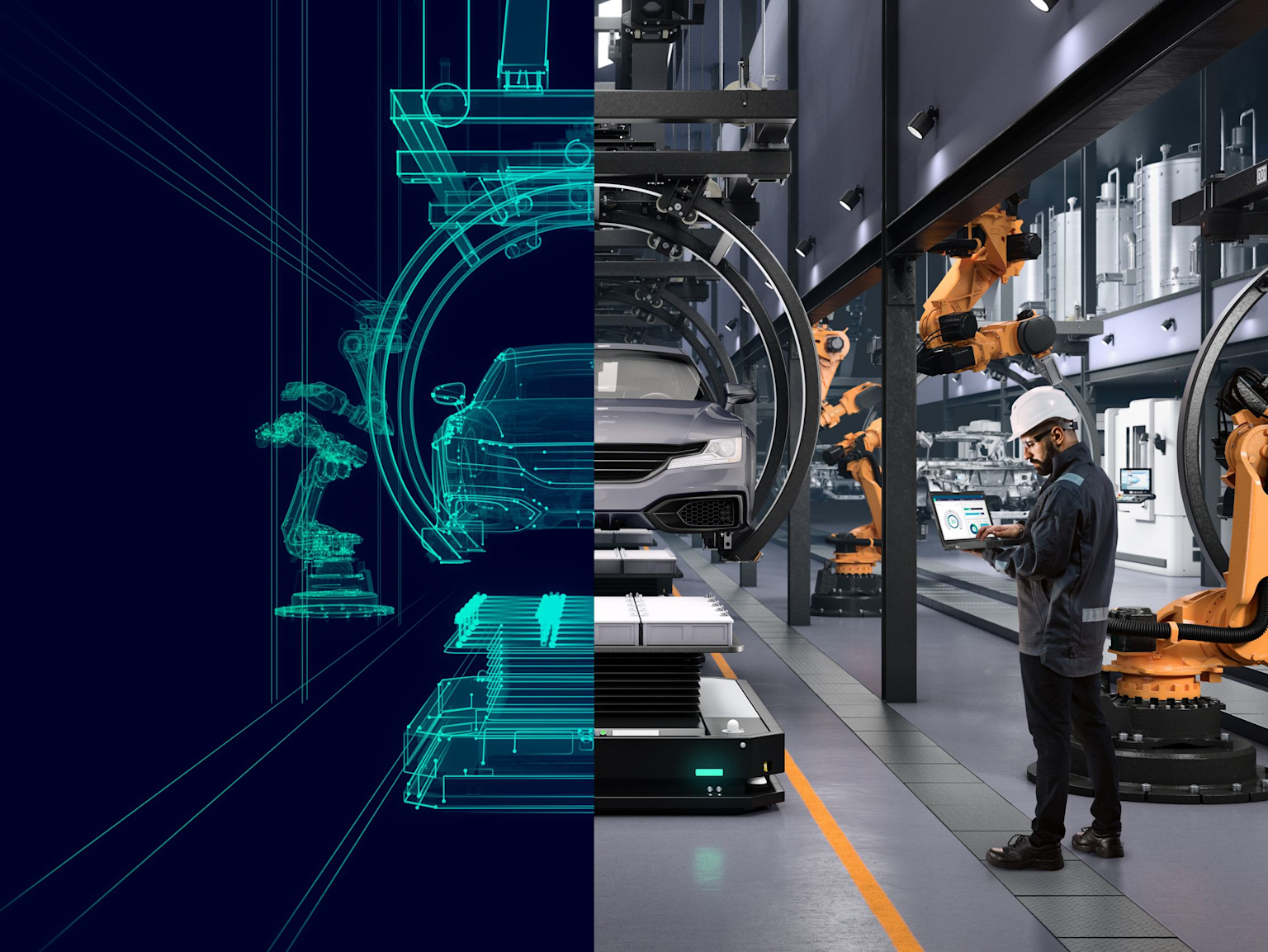 Digital twin technology visualizing a smart automotive manufacturing line with AI-driven robotic automation and real-time monitoring