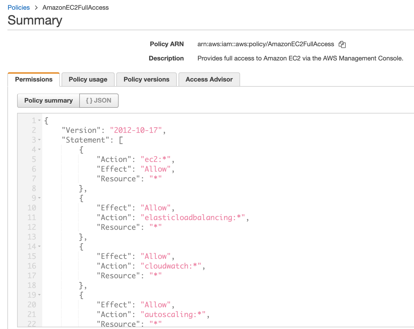 Example of an AWS IAM policy JSON structure granting full access to EC2 and related services used to illustrate permissions and potential privilege escalation risks